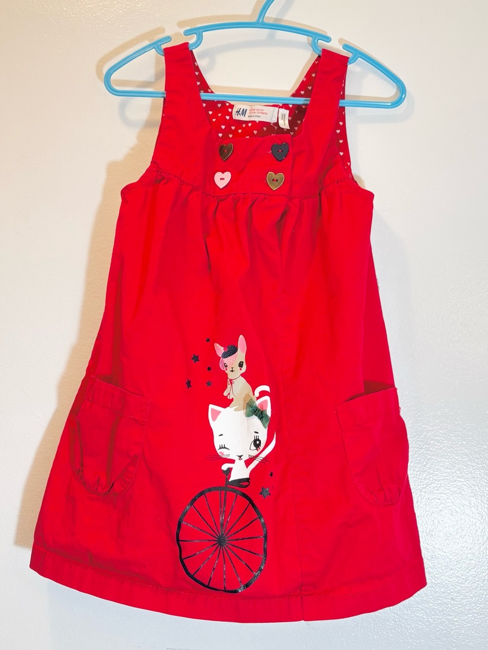 H&M Girls Cherry Red Whimsical Cat Bicycle Jumper Dress Summer 2-3T Coquette